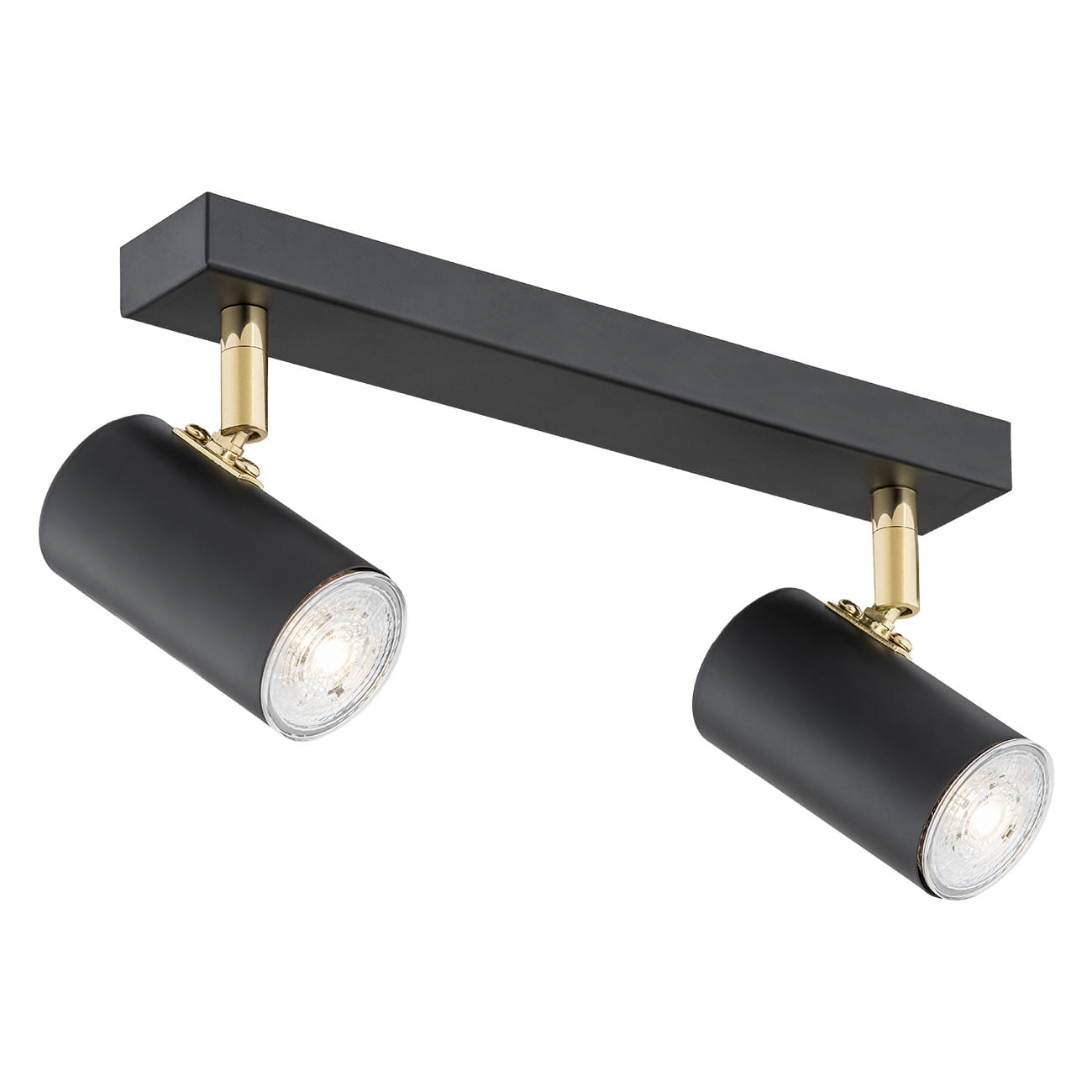 Lagos lampa sufitowa (spot) 2-punktowy w kolorze czarnym z metalową listwą. Dwa cylindryczne reflektory z przezroczystym kloszem, umieszczone na poziomej podstawie. Wysokiej jakości wykończenie z elementami w kolorze złotym.