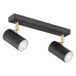 Lagos lampa sufitowa (spot) 2-punktowy w kolorze czarnym z metalową listwą. Dwa cylindryczne reflektory z przezroczystym kloszem, umieszczone na poziomej podstawie. Wysokiej jakości wykończenie z elementami w kolorze złotym.