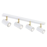 Lagos lampa sufitowa (spot) 4-punktowy w kolorze białym z metalowymi złotymi detalami. Składa się z czterech cylindrycznych reflektorów na prostokątnej podstawie. Reflektory są ruchome, co umożliwia skierowanie światła w różne strony.