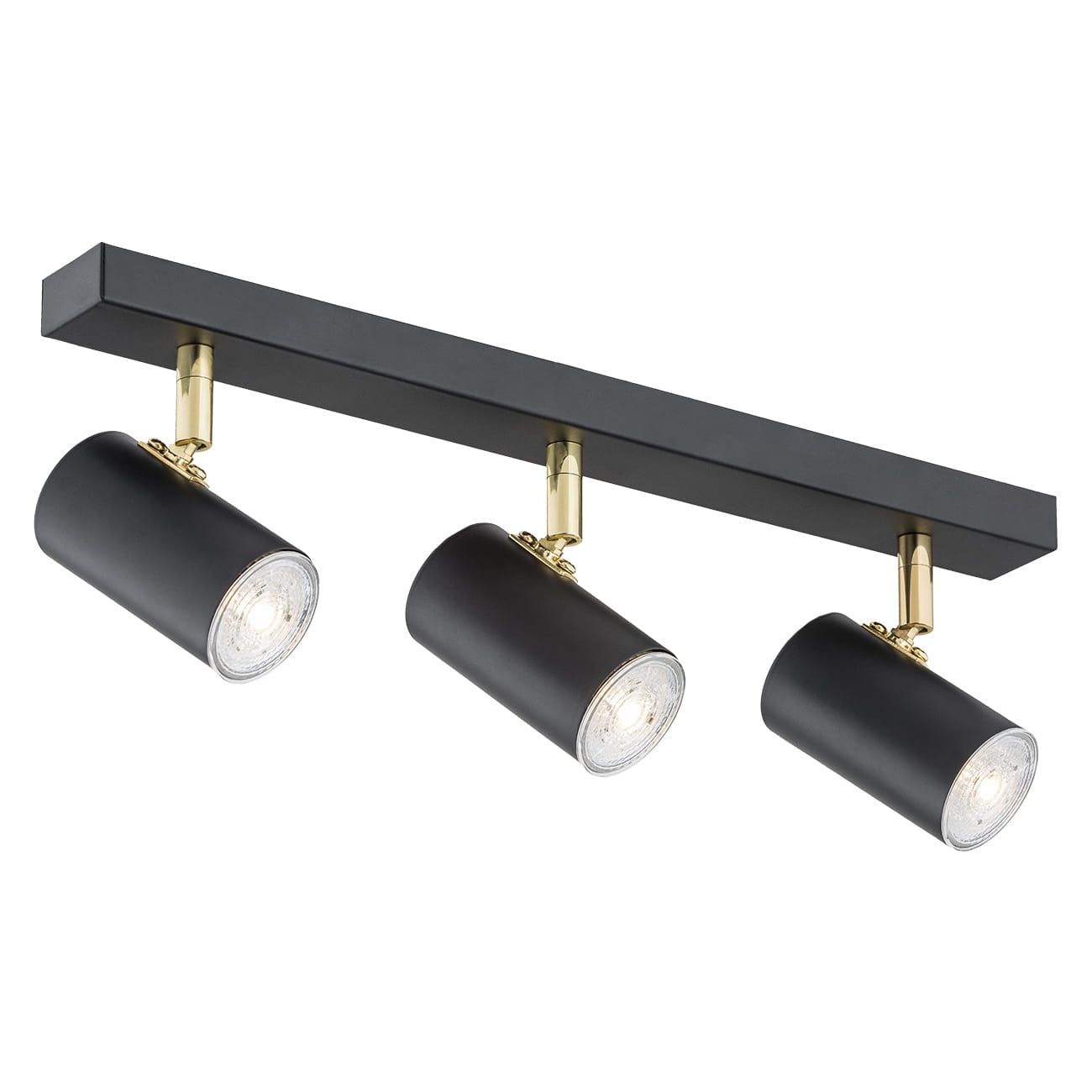 Czarna lampa sufitowa typu spot, 3-punktowa, z metalowymi kloszami w kształcie cylindrów. Utrzymana w minimalistycznym stylu, zamontowana na prostokątnej, czarnej podstawie z mosiężnymi akcentami. Klosze kierunkowe do regulacji.