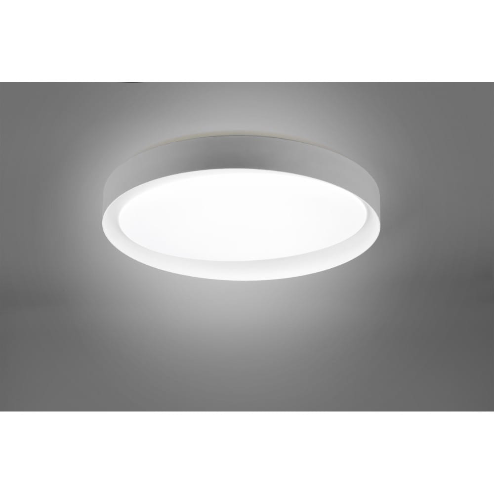 Plafon LED Zeta D48 w kolorze szarym, okrągły, zamontowany na suficie. Posiada pilot do zdalnego sterowania. Emituje jasne, białe światło. Prosty, nowoczesny design, idealny do różnych wnętrz.