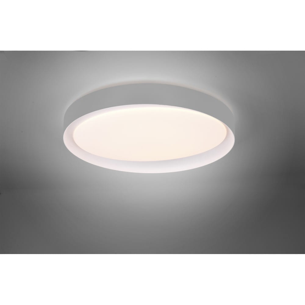 Plafon Zeta D48 LED w kolorze szarym, okrągły, z białym, matowym kloszem. Oświetlenie sufitowe zamontowane na gładkiej powierzchni, z widocznym pilotem do zdalnego sterowania. Kąt ujęcia frontalny, na jednolitym tle.
