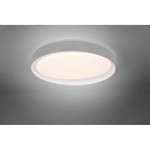 Plafon Zeta D48 LED w kolorze szarym, okrągły, z białym, matowym kloszem. Oświetlenie sufitowe zamontowane na gładkiej powierzchni, z widocznym pilotem do zdalnego sterowania. Kąt ujęcia frontalny, na jednolitym tle.