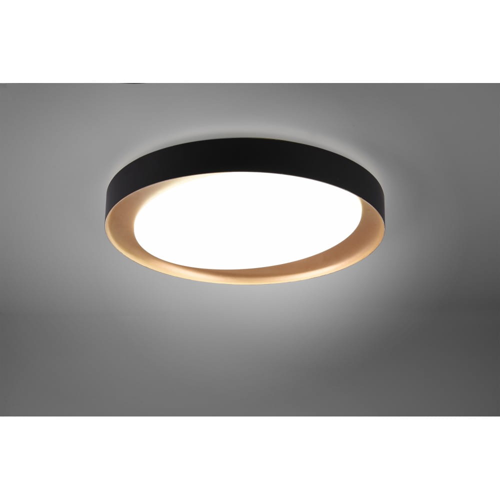 Plafon LED Zeta D48 w kolorze czarnym z okrągłym, białym źródłem światła i złotą obręczą. Produkt montowany sufitowo, z pilotem do zdalnego sterowania. Widok z dołu, ukazujący minimalistyczny design i detale wykończenia.