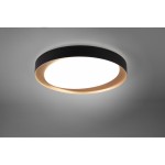 Plafon LED Zeta D48 w kolorze czarnym z okrągłym, białym źródłem światła i złotą obręczą. Produkt montowany sufitowo, z pilotem do zdalnego sterowania. Widok z dołu, ukazujący minimalistyczny design i detale wykończenia.
