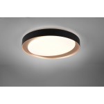 Plafon Zeta D48 LED w kolorze czarnym, okrągły, z białym, matowym kloszem. Zainstalowany na suficie, z delikatnym podświetleniem. Produkt z pilotem do zdalnego sterowania.