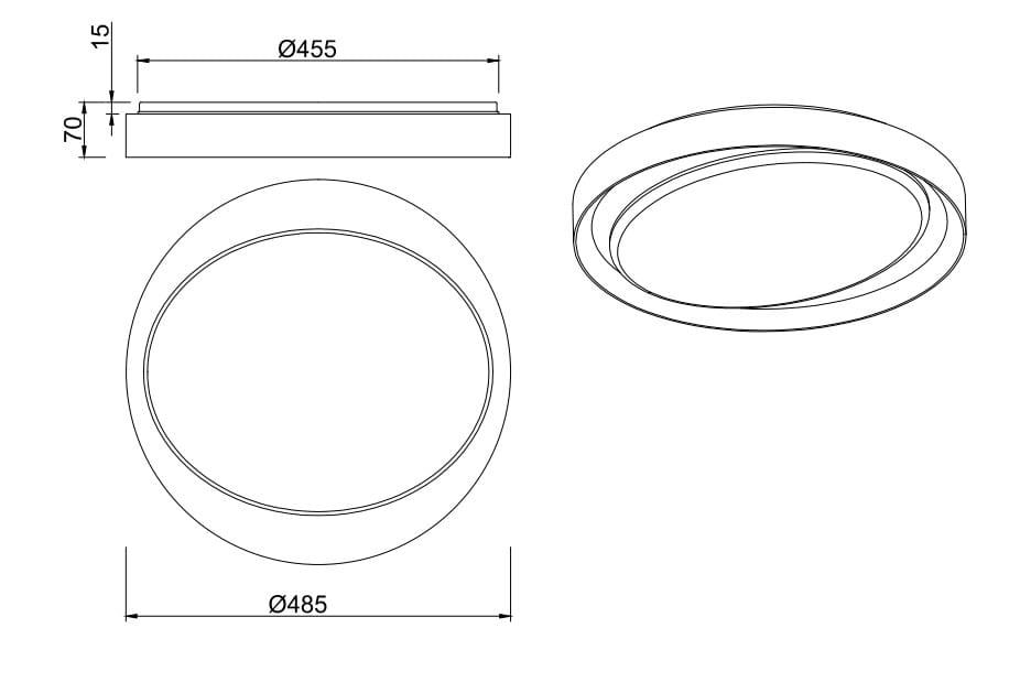 Plafon LED Zeta D48 w kolorze czarnym, o średnicy 485 mm i wysokości 70 mm, z pilotem. Posiada okrągły kształt i cienką ramkę, widoczny zarys i detale w formie wymiarów. Idealny do montażu sufitowego.
