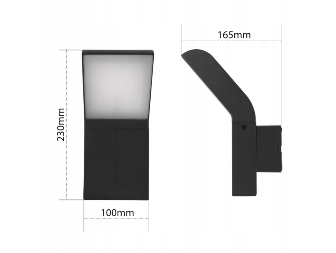 Kinkiet elewacyjny Clark LED w kolorze grafitowym, o wymiarach 230 mm wysokości i 100 mm szerokości. Posiada prostokątną, matową osłonę oraz asymetryczny kształt. Montowany na ścianie, widoczny z boku, idealny do oświetlenia ogrodów.