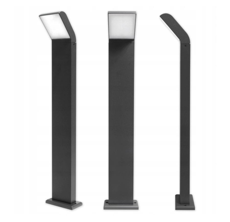 Grafitowa lampa stojąca ogrodowa Clark LED H80 w formie słupka, z prostokątnym kloszem. Widoczne trzy różne kąty ujęcia. Lampa ma prostą, nowoczesną konstrukcję i jest zamontowana na kwadratowej podstawie.