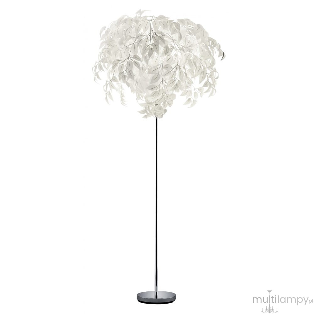 Lampa podłogowa Leavy 3-punktowa w kolorze chromu z kloszem w kształcie liści w odcieniach bieli. Stojąca na okrągłej podstawie, z metalową nogą. Idealna do nowoczesnych wnętrz.