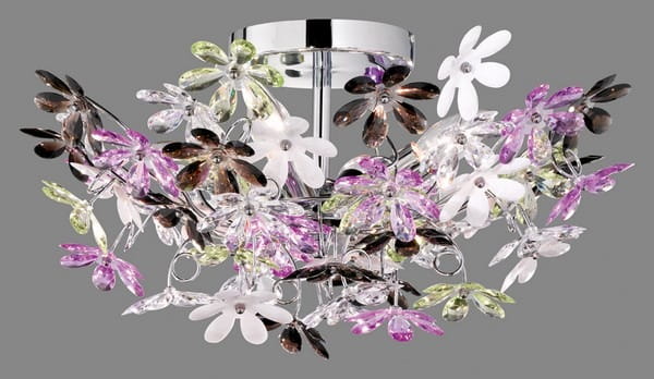 Lampa sufitowa 4-punktowa Flower w chromowanej obudowie, ozdobiona kolorowymi kwiatami w odcieniach różu, bieli i zieleni, z przezroczystymi elementami. Ujęcie z góry, ukazujące szczegóły dekoracyjne oraz kształt lampy.