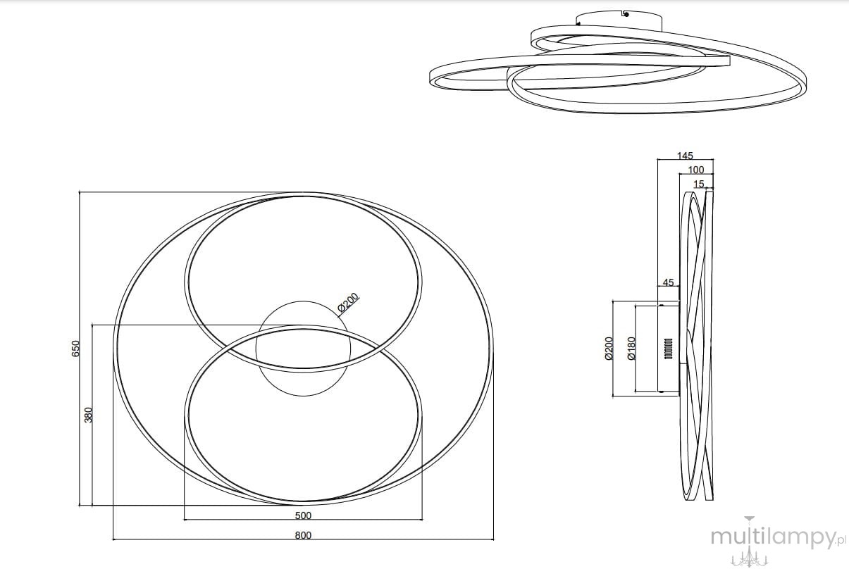 Czarna sufitowa lampa LED 1-punktowa Gale z nowoczesnym designem. Widok z góry, pokazujący okrągłe, podwójne ramiona o średnicy 800 mm i wysokości 45 mm. Montaż na suficie, minimalistyczny kształt.