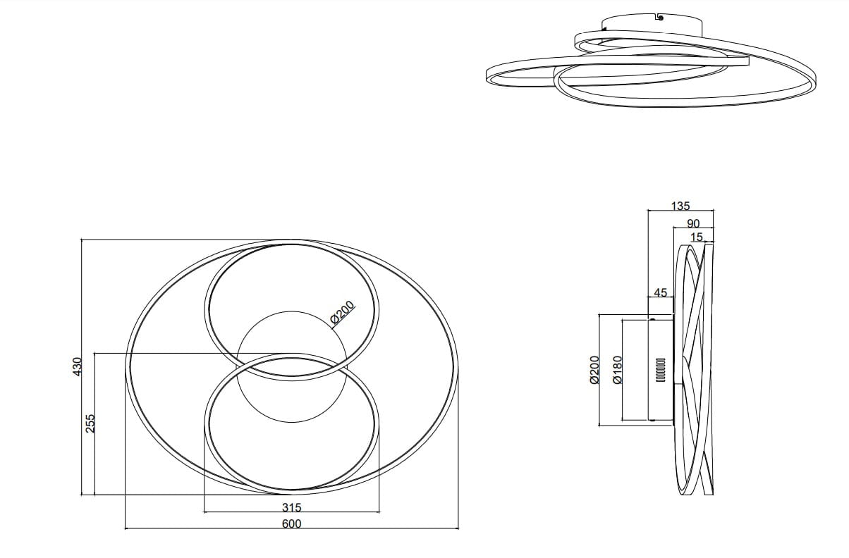 Gale LED lampa sufitowa 1-punktowa w kolorze niklowym. Okrągła konstrukcja z dwoma spiralnymi elementami. Wymiary: średnica 600 mm, wysokość 135 mm. Montaż sufitowy, minimalistyczny design bez dodatkowych zdobień.