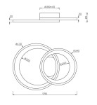 Czarna i złota lampa sufitowa LED Granada z dwoma punktami świetlnymi. Okrągłe klosze w różnych średnicach: 340 mm i 245 mm, zamocowane na płaskim elemencie montażowym. Wymiary: wysokość 85 mm, średnica podstawy 180 mm.