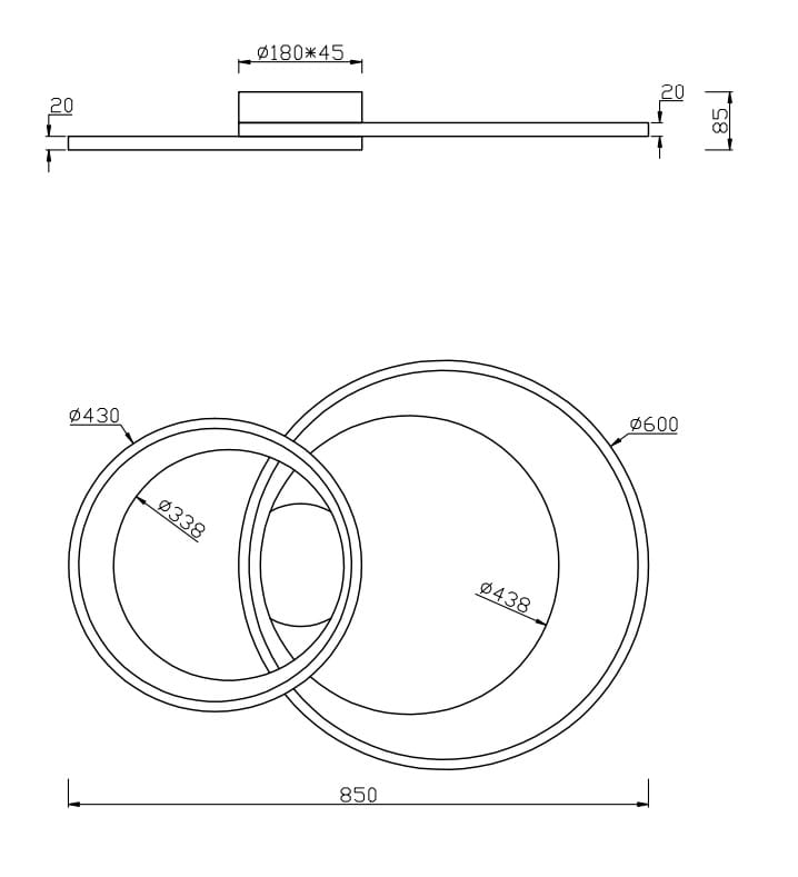 Granada LED lampa sufitowa 2-punktowa w kolorze czarnym i złotym, o średnicach 600 mm i 430 mm. Płaski design z dwiema okrągłymi oprawami, montowana na suficie. Wymiary: 180 mm x 45 mm.