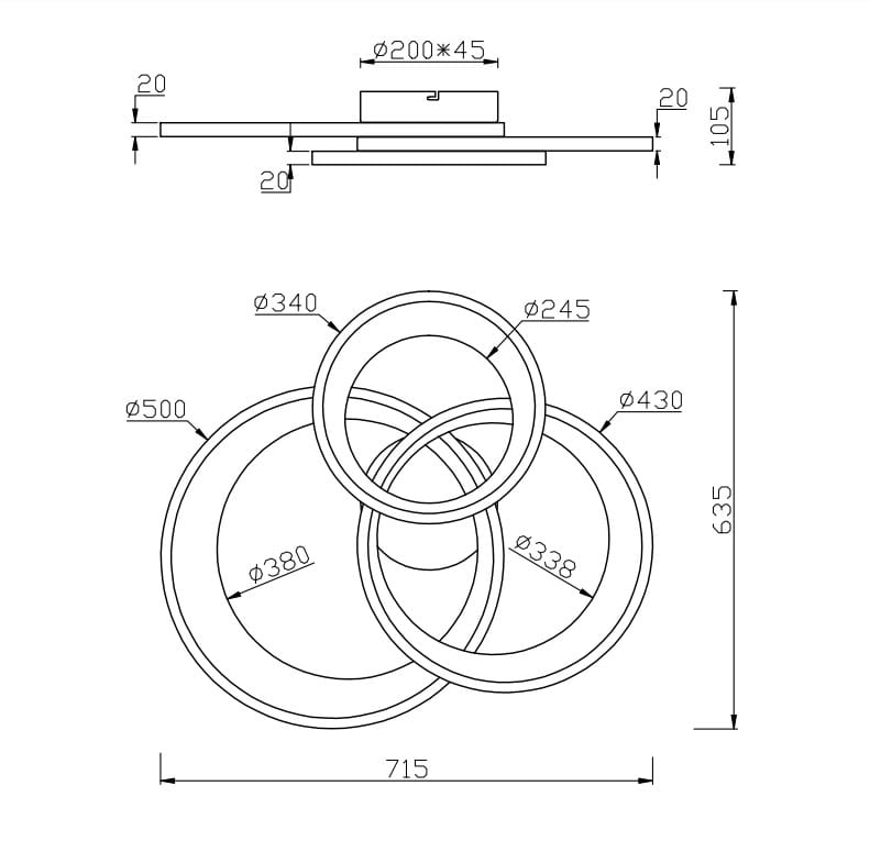 Trzypunktowa lampa sufitowa Granada LED w chromowanym wykończeniu. Składa się z trzech okrągłych elementów o różnych średnicach: 500 mm, 380 mm i 245 mm, zamontowanych na płaskiej podstawie. Wymiary całkowite: 715 mm szerokości, 635 mm wysokości.