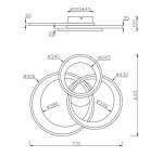 Trzypunktowa lampa sufitowa Granada LED w chromowanym wykończeniu. Składa się z trzech okrągłych elementów o różnych średnicach: 500 mm, 380 mm i 245 mm, zamontowanych na płaskiej podstawie. Wymiary całkowite: 715 mm szerokości, 635 mm wysokości.
