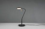 Czarna lampka biurkowa Monza LED z elastycznym ramieniem i okrągłą podstawą. Ujęcie frontalne, lampa w pozycji stojącej, świecąca z okrągłym kloszem. Prosty, nowoczesny design na szarym tle.