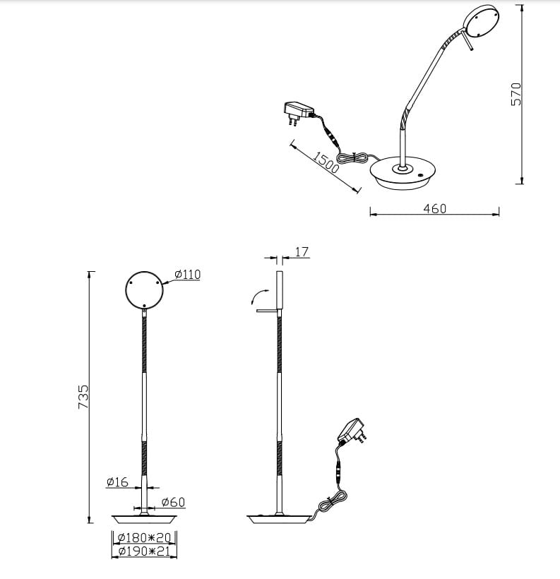 Czarna lampka biurkowa Monza LED o wysokości 570 mm i podstawie o średnicy 460 mm. Posiada elastyczny ramion z okrągłą głowicą oraz zasilacz z kablem o długości 1500 mm. Prosta konstrukcja, idealna do biura lub na stół.