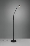 Czarna lampa podłogowa Monza LED z regulowanym ramieniem i okrągłą podstawą. Ujęcie frontalne, lampa stojąca na jasnym tle. Widoczny włącznik na korpusie. Nowoczesny design, minimalistyczna forma, idealna do aranżacji wnętrz.
