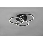 Czarna, trójpunktowa lampa sufitowa LED z trzema okrągłymi pierścieniami z białym podświetleniem. Zainstalowana na suficie, z możliwością sterowania pilotem. Prosty design, idealna do nowoczesnych wnętrz.