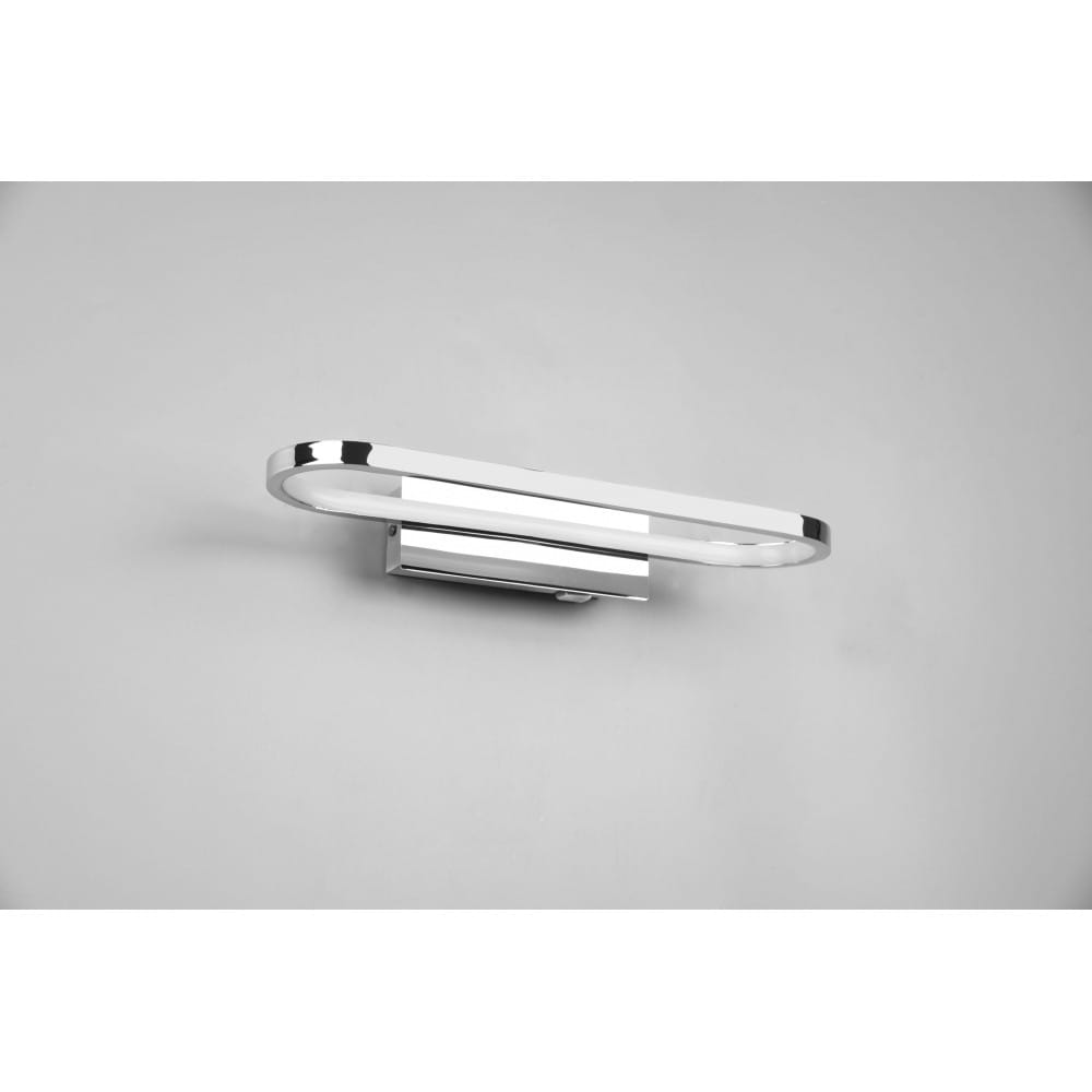 Chromowany kinkiet łazienkowy Gianni LED IP44 o długości 40 cm i mocy 17W. Posiada nowoczesny, minimalistyczny design, zamontowany na ścianie, z eleganckim, zaokrąglonym kształtem. Idealny do oświetlenia wnętrz. Tło w jasnym kolorze.