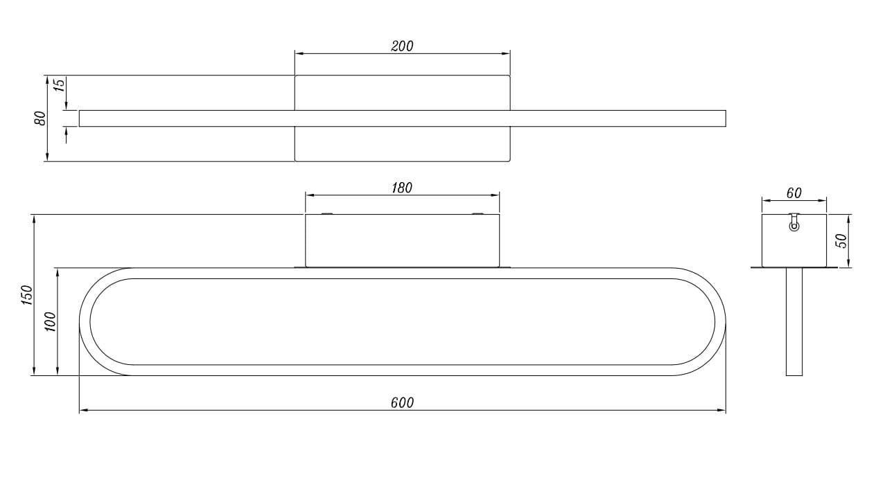 Czarny kinkiet łazienkowy Gianni LED IP44 o wymiarach 600 mm długości i 80 mm wysokości, z prostokątnym źródłem światła i minimalistycznym designem. Montowany na ścianie, idealny do łazienek, zapewnia równomierne oświetlenie.