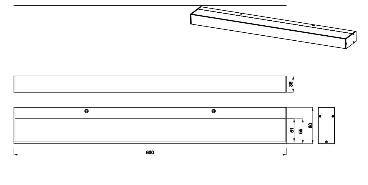 Czarny kinkiet LED Rocco IP44, długość 600 mm, wysokość 38 mm, głębokość 60 mm. Prosty, prostokątny kształt z widocznymi otworami montażowymi. Przeznaczony do użytku wewnętrznego i zewnętrznego.