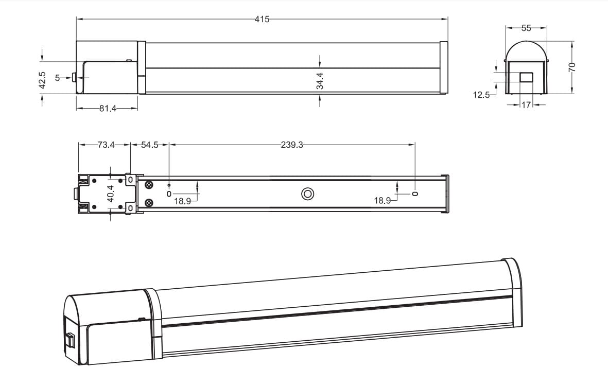 Czarny kinkiet Piera LED z gniazdkiem wtykowym, IP44. Wymiary: długość 415 mm, wysokość 55 mm, głębokość 12,5 mm. Prosty, prostokątny kształt z zaokrąglonym końcem. Widoczne otwory montażowe. Idealny do użytku wewnętrznego i zewnętrznego.