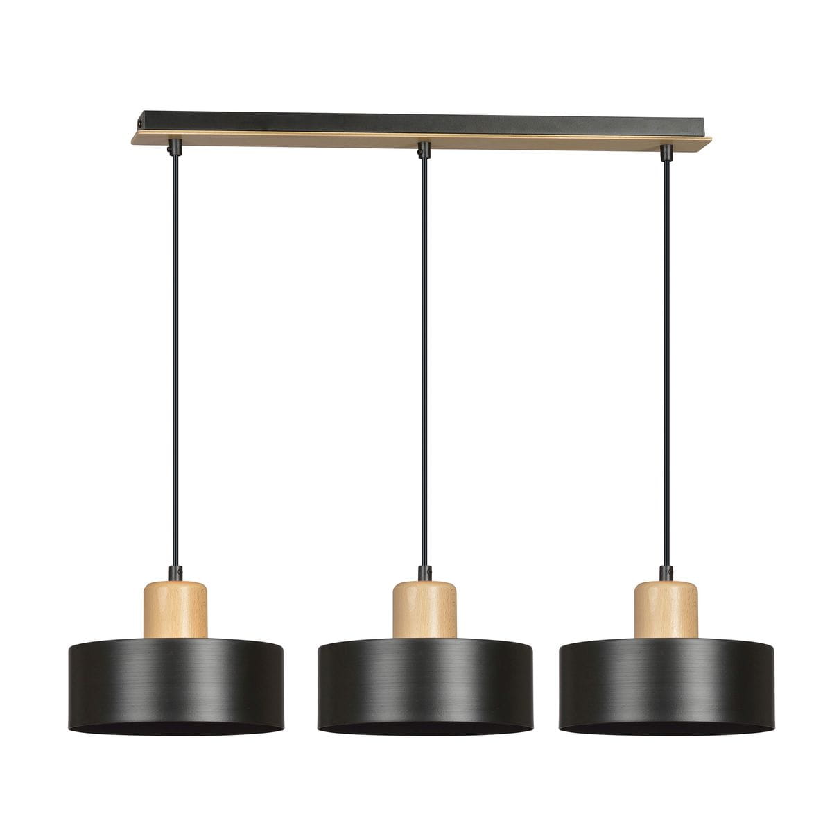 Czarna lampa wisząca 3-punktowa Torin z drewnianymi elementami, zawieszona na prostokątnej, metalowej podstawie. Klosze w formie cylindrów, matowe wykończenie, wiszące na cienkich linkach. Prosty design, idealna do nowoczesnych wnętrz.