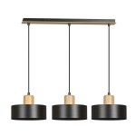 Czarna lampa wisząca 3-punktowa Torin z drewnianymi elementami, zawieszona na prostokątnej, metalowej podstawie. Klosze w formie cylindrów, matowe wykończenie, wiszące na cienkich linkach. Prosty design, idealna do nowoczesnych wnętrz.