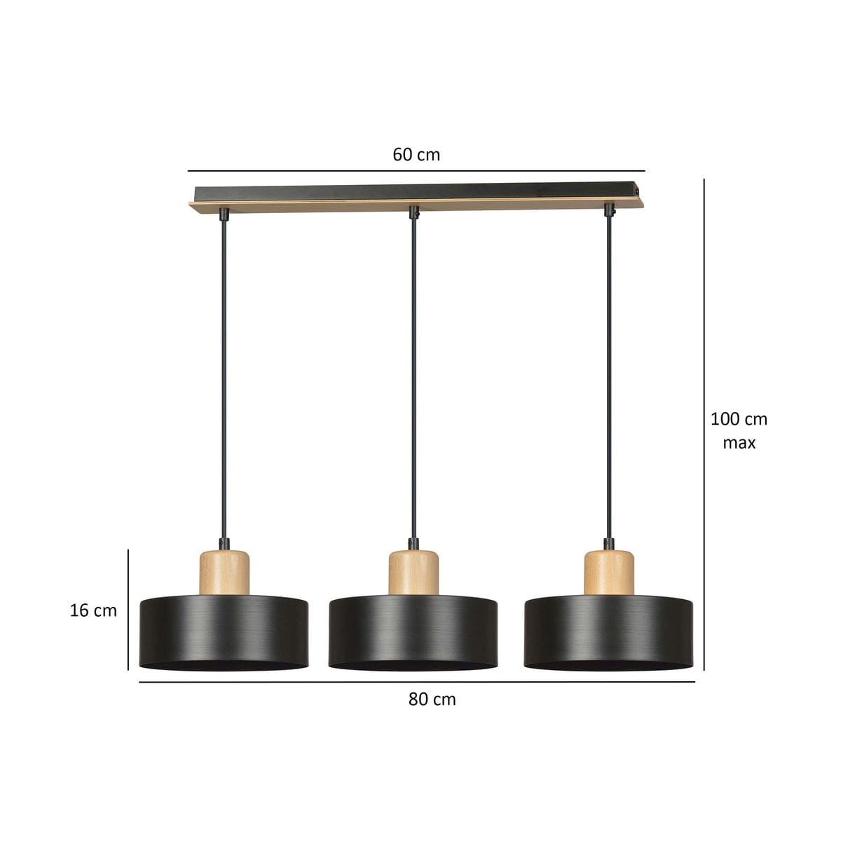 Lampa wisząca Torin 3-punktowa, czarna z drewnianymi detalami. Wymiary: długość 80 cm, szerokość 60 cm, wysokość maksymalna 100 cm. Trzy okrągłe klosze zawieszone na cienkich linkach. Prosty, nowoczesny design, idealna do jadalni lub salonu.