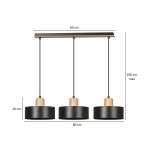 Lampa wisząca Torin 3-punktowa, czarna z drewnianymi detalami. Wymiary: długość 80 cm, szerokość 60 cm, wysokość maksymalna 100 cm. Trzy okrągłe klosze zawieszone na cienkich linkach. Prosty, nowoczesny design, idealna do jadalni lub salonu.