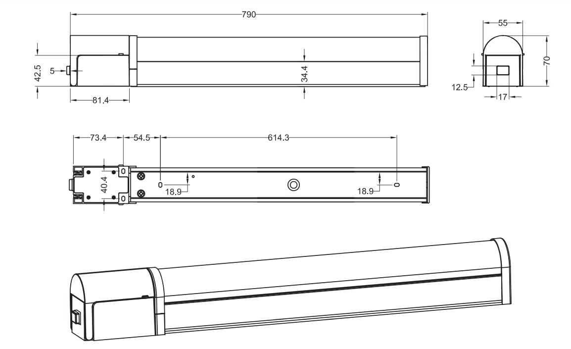 Kinkiet Piera LED IP44, czarny, długość 790 mm, szerokość 55 mm, wysokość 70 mm, z gniazdkiem wtykowym. Ujęcie z boku, ukazujące prostokątną formę i detale montażowe. Idealny do użytku wewnętrznego i zewnętrznego.