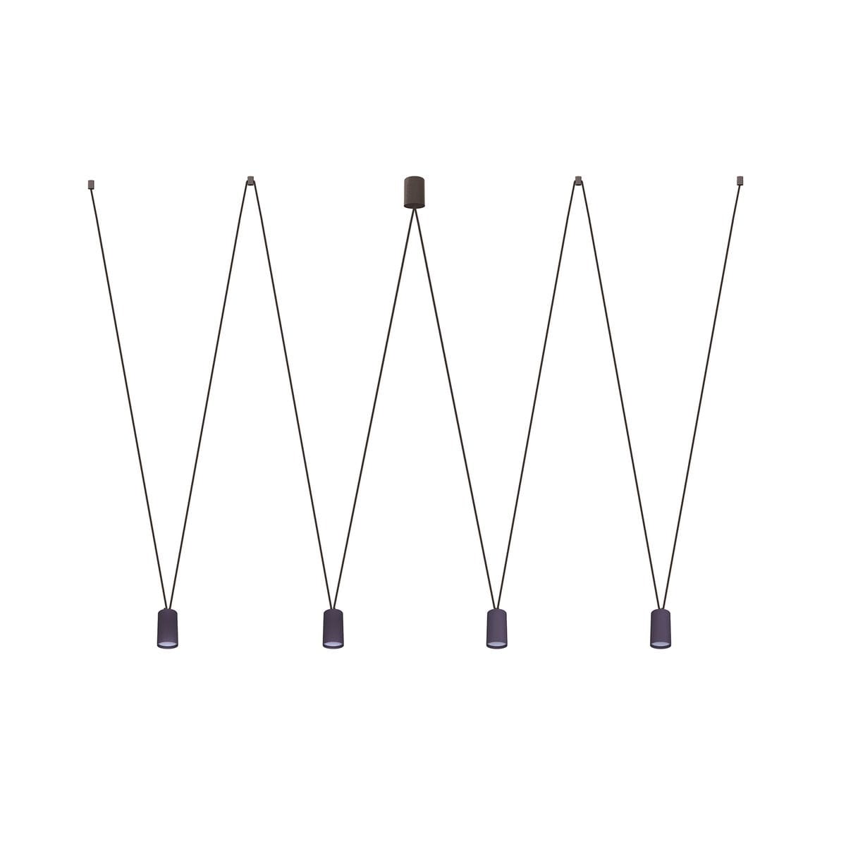 Lampa wisząca More Eye 4-punktowa w kolorze czarnym, z czterema cylindrycznymi kloszami zawieszonymi na cienkich linkach. Ujęcie frontalne, klosze równomiernie rozmieszczone, w minimalistycznym stylu. Tło białe, co podkreśla elegancki design lampy.