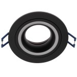 Okrągła oprawa oczko do zabudowy GU10 w kolorze czarnym. Produkt widoczny z góry, z widocznym otworem w środku oraz niebieskimi zaczepami montażowymi. Gładka powierzchnia, minimalistyczny design, idealny do nowoczesnych wnętrz.