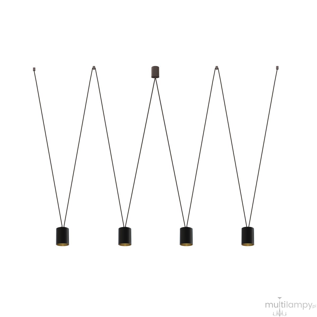 Lampa wisząca More Tone 4-punktowa w kolorze czarnym i złotym. Cztery cylindryczne klosze zewnętrzne w czerni, wewnętrzne w złocie, zawieszone na cienkich, czarnych linkach. Klosze wiszą w równych odstępach.