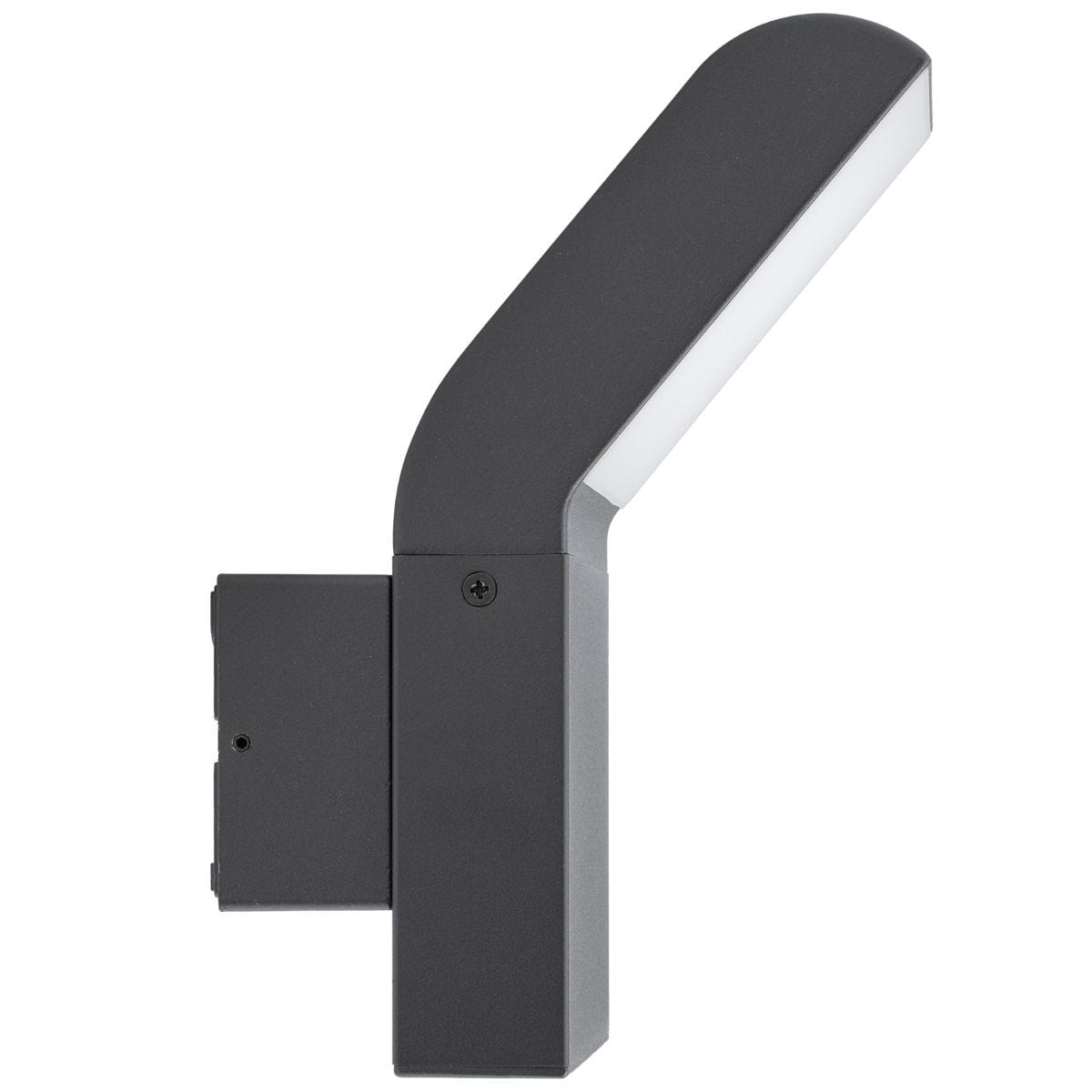 Kinkiet elewacyjny Clark LED w kolorze grafitowym, z prostą, zaokrągloną głowicą emitującą światło. Montowany na ścianie, z widoczną obudową w kształcie prostokąta. Idealny do oświetlenia ogrodu lub elewacji budynków.