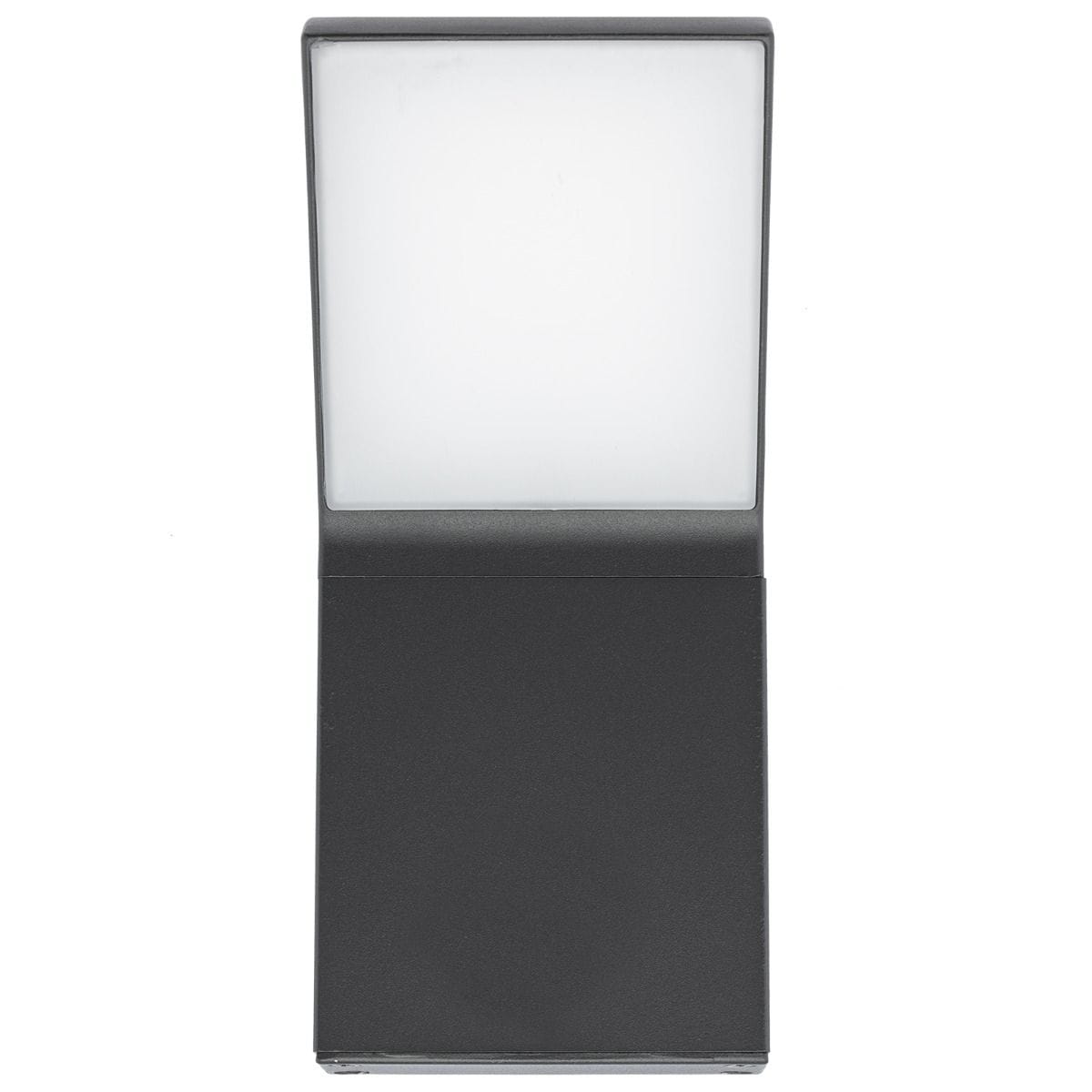 Grafitowy kinkiet elewacyjny Clark LED z prostokątną, matową osłoną i płaską podstawą. Ujęcie frontalne ukazuje minimalistyczny design, idealny do oświetlenia ogrodów lub elewacji budynków. Kinkiet jest zamknięty i gotowy do montażu.