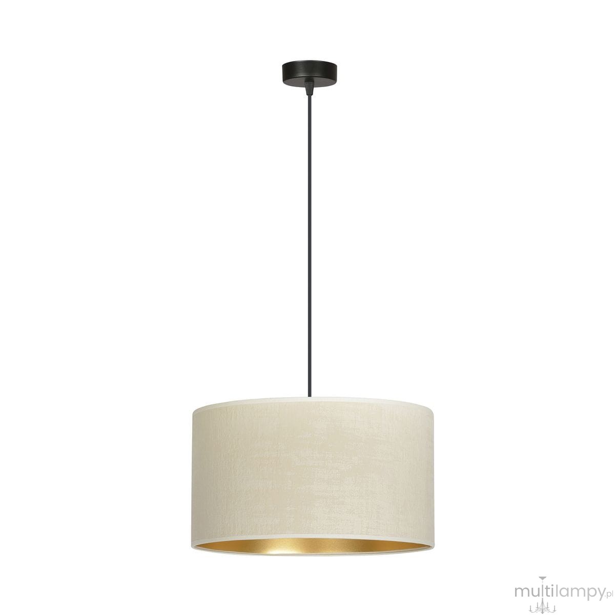 Biała lampa wisząca Hilde z okrągłym kloszem, zawieszona na cienkim czarnym przewodzie. Wnętrze klosza wykończone złotą farbą, co podkreśla elegancki design. Prosta forma, idealna do nowoczesnych wnętrz.