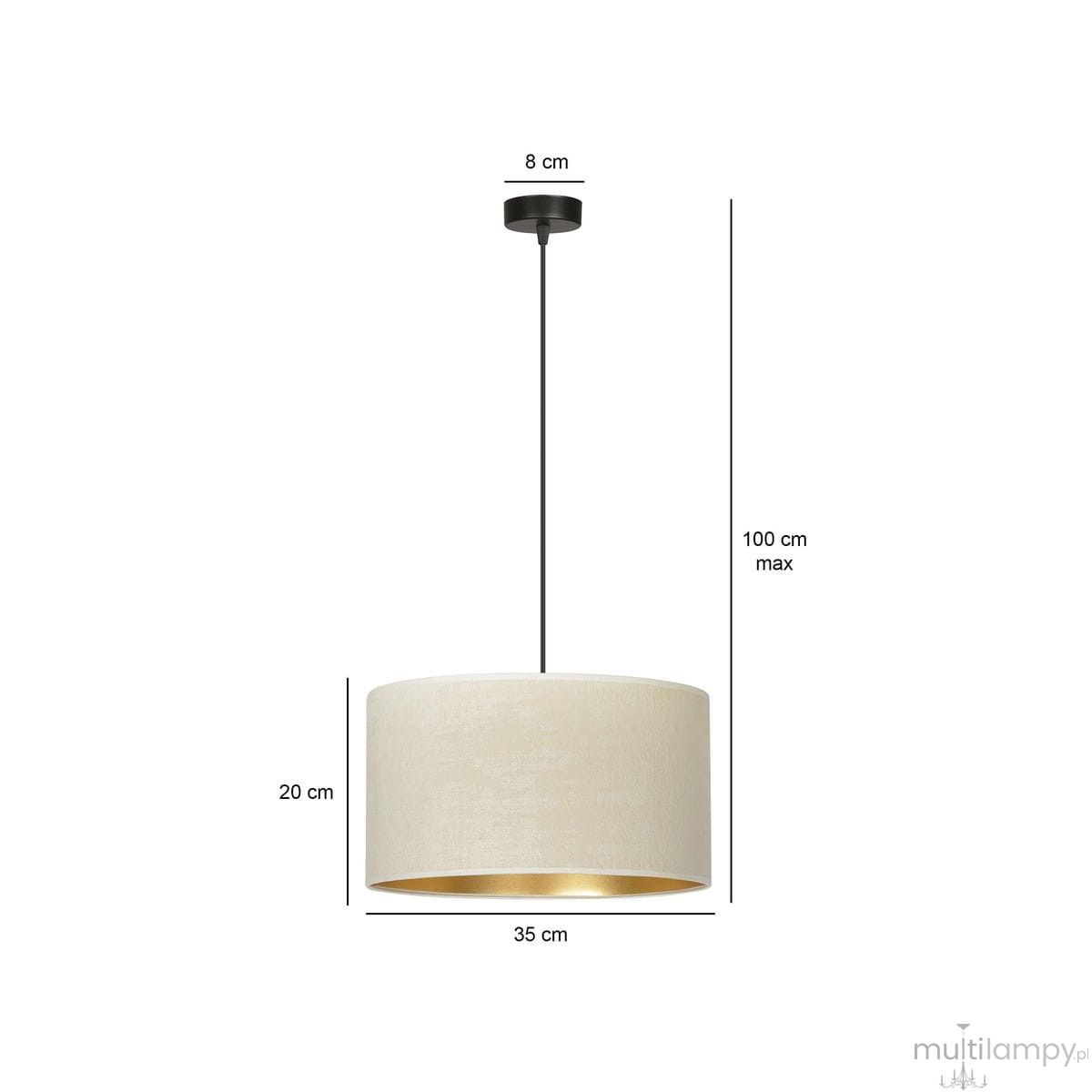 Lampa wisząca Hilde 1-punktowa w kolorze białym, o średnicy 35 cm i wysokości 20 cm, zawieszona na czarnym przewodzie. Wysokość maksymalna to 100 cm. Klasyczny, okrągły klosz z materiału, z wewnętrzną złotą powłoką.
