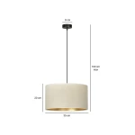 Lampa wisząca Hilde 1-punktowa w kolorze białym, o średnicy 35 cm i wysokości 20 cm, zawieszona na czarnym przewodzie. Wysokość maksymalna to 100 cm. Klasyczny, okrągły klosz z materiału, z wewnętrzną złotą powłoką.
