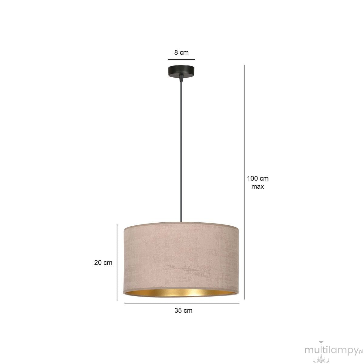 Lampa wisząca Hilde 1-punktowa w kolorze różowym, o średnicy 35 cm i wysokości 20 cm, zawieszona na czarnym przewodzie. Wnętrze klosza w kolorze złotym. Wysokość zawieszenia maksymalnie 100 cm.