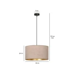 Lampa wisząca Hilde 1-punktowa w kolorze różowym, o średnicy 35 cm i wysokości 20 cm, zawieszona na czarnym przewodzie. Wnętrze klosza w kolorze złotym. Wysokość zawieszenia maksymalnie 100 cm.