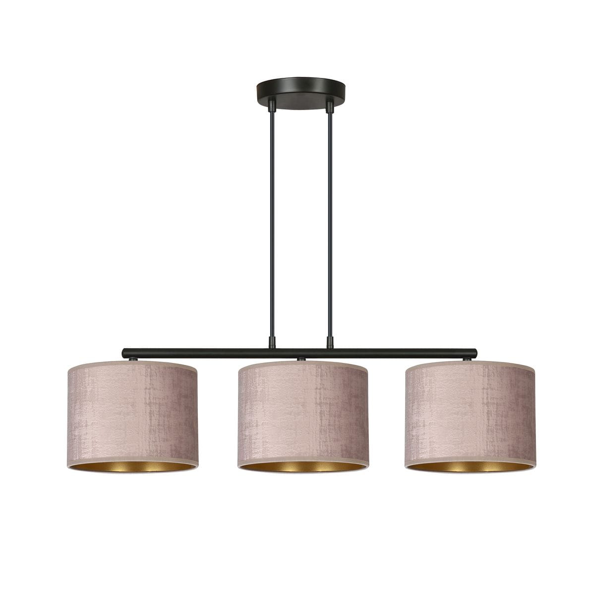 Różowa lampa wisząca Hilde 3-punktowa z trzema cylindrycznymi kloszami o matowej fakturze i złotym wnętrzu, zawieszona na czarnym metalowym stelażu, widok frontalny. Idealna do nowoczesnych wnętrz.