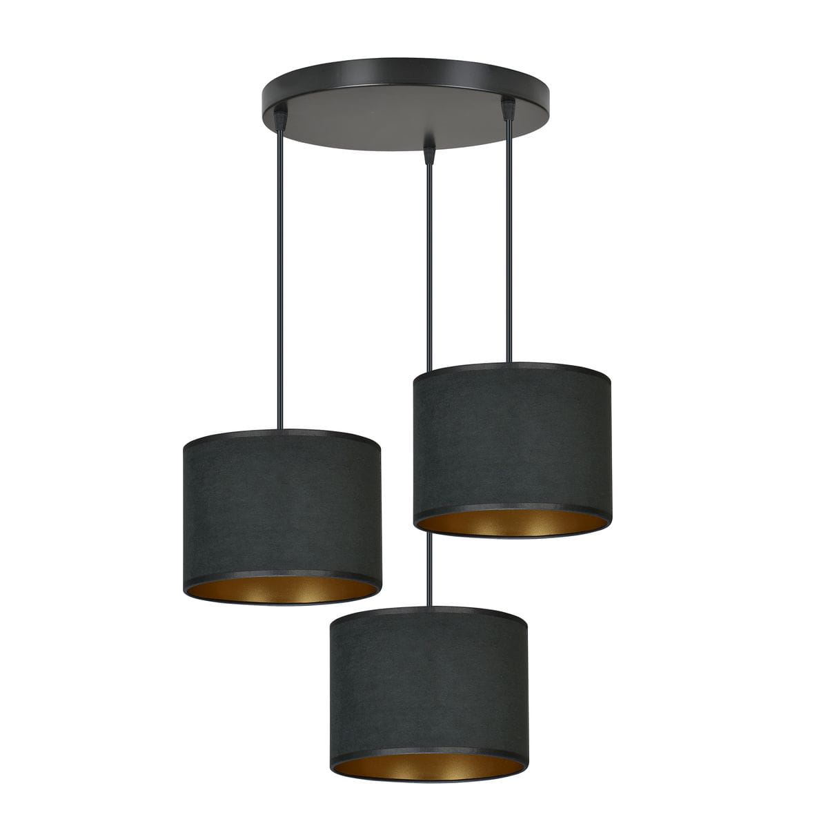Czarna lampa wisząca Hilde z trzema okrągłymi kloszami, każdy z wnętrzem w kolorze złotym. Umożliwia regulację wysokości, zawieszona na cienkich linkach. Stworzona z materiału tekstylnego, z metalowym mocowaniem sufitowym.