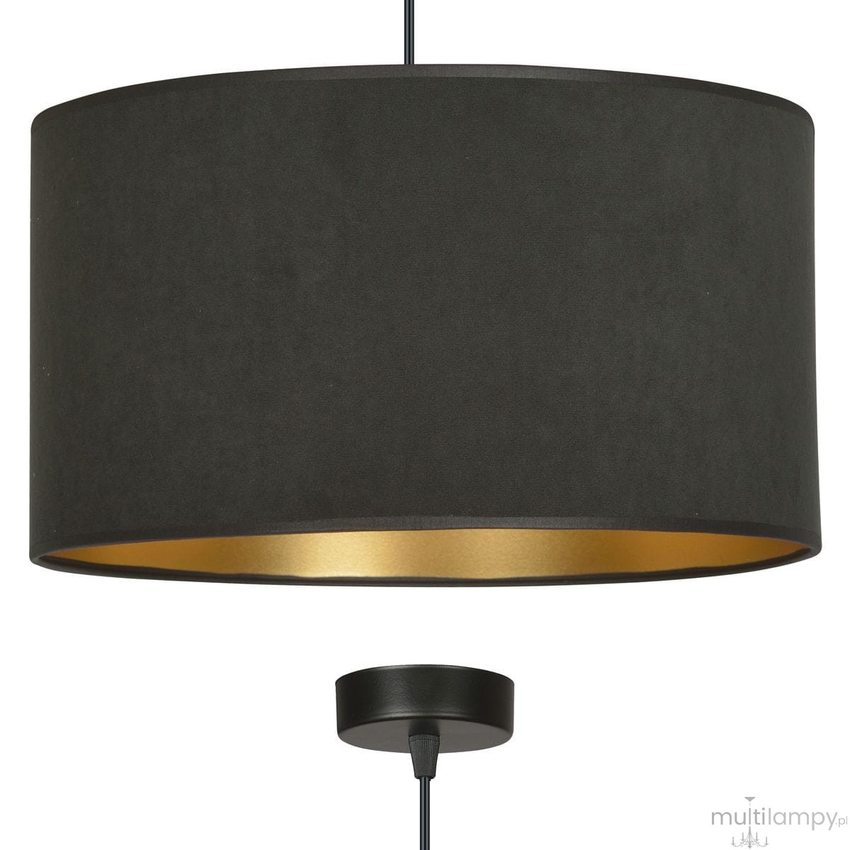 Czarna lampa wisząca Hilde 1-punktowa z okrągłym kloszem, wewnątrz w kolorze złotym. Klosz ma matową teksturę, zawieszony na cienkim, czarnym przewodzie. Element mocujący w kolorze czarnym. Idealna do nowoczesnych wnętrz.