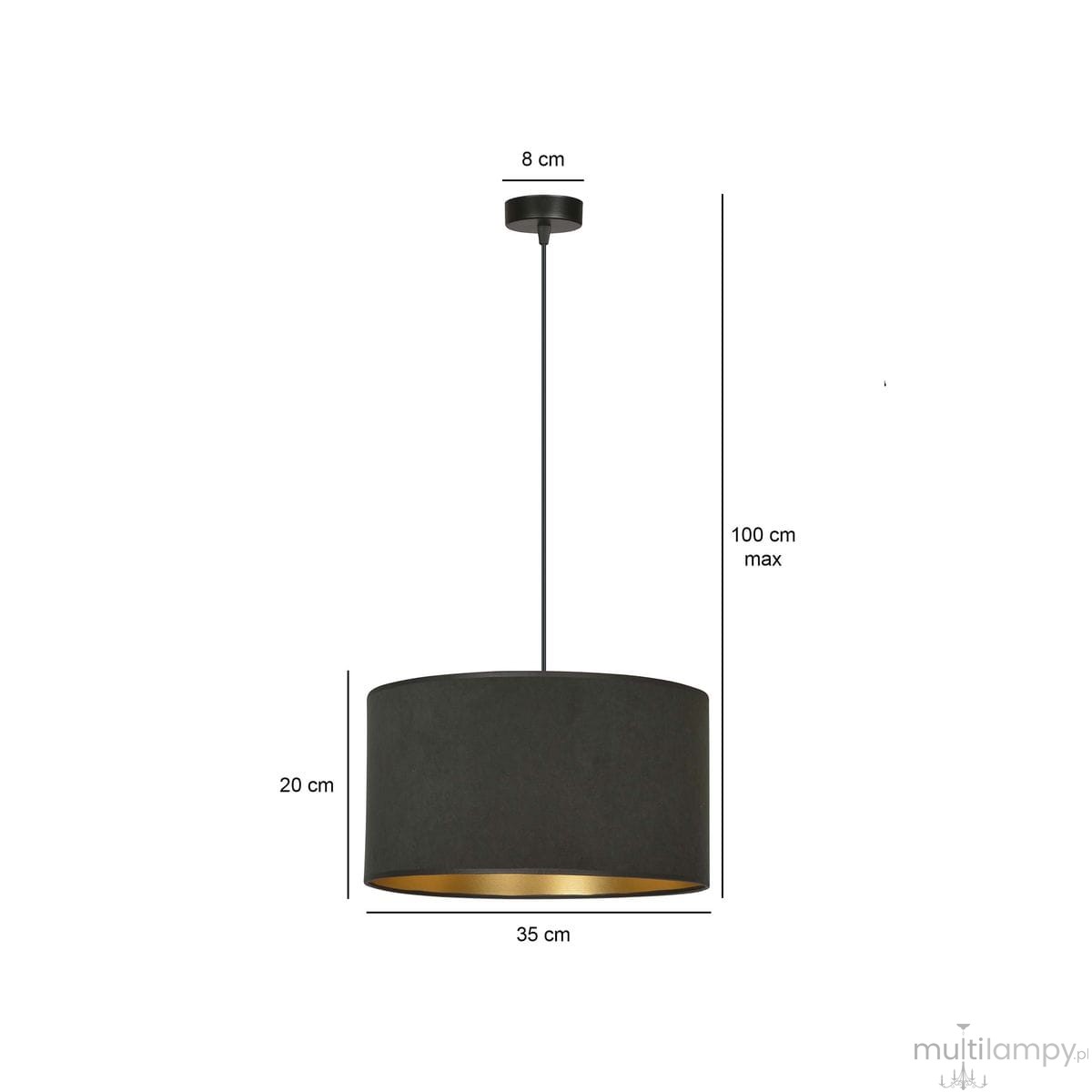 Czarna lampa wisząca Hilde o średnicy 35 cm i wysokości 20 cm, zawieszona na cienkim, czarnym przewodzie. Wewnętrzna strona klosza ma złote wykończenie. Maksymalna długość zawieszenia wynosi 100 cm.