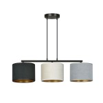 Lampa wisząca Hilde 3-punktowa w kolorach czernii, bieli i szarości, z metalową konstrukcją. Okrągłe klosze z tekstylnymi abażurami i złotymi wnętrzami. Ujęcie frontalne, zawieszona na dwóch linkach, idealna do nowoczesnych wnętrz.