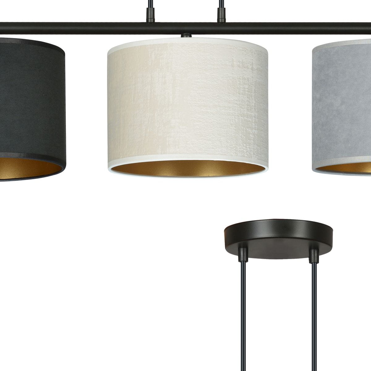 Lampa wisząca Hilde 3-punktowa w kolorach: czarnym, białym i szarym z metalowym wykończeniem w złotym kolorze. Okrągłe klosze z materiału zawieszone na czarnej konstrukcji, zamontowane na okrągłej podstawie.